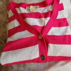 Michael Kors Womans Pink and White Striped Button Down Shirt Crop Top EUC